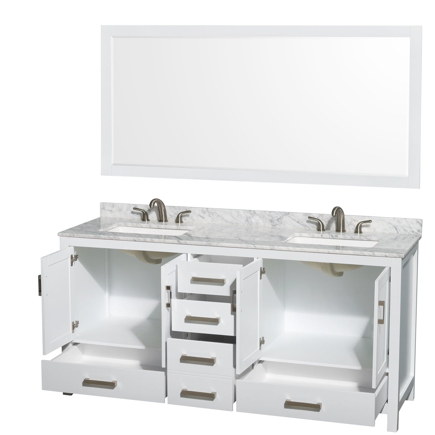 Sheffield 72" Double Vanity in White, Top, Undermount 3-Hole Square, 70" Mirror