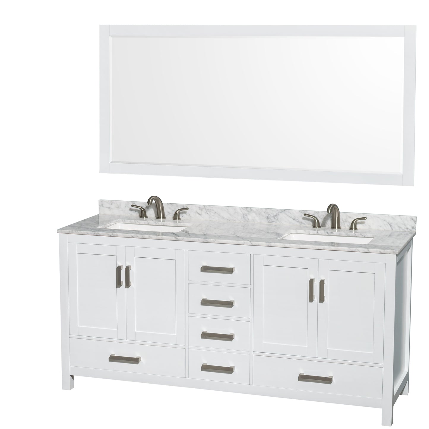 Sheffield 72" Double Vanity in White, Top, Undermount 3-Hole Square, 70" Mirror