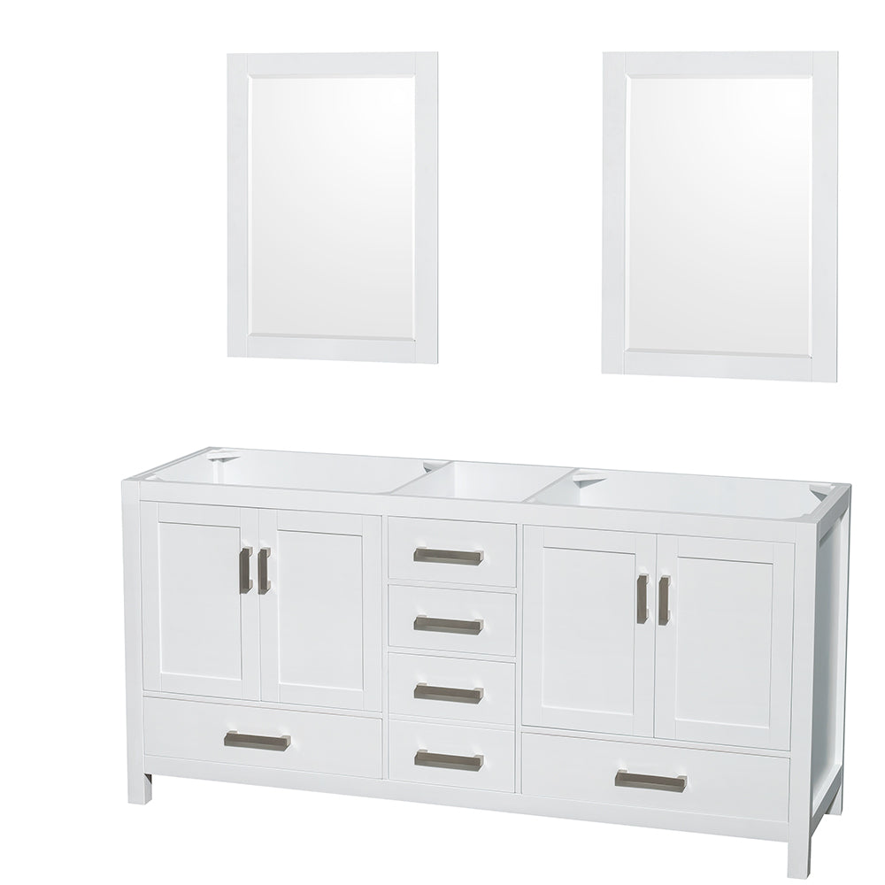 Sheffield 72" Double Vanity in White, No Top, No Sinks, 24" Mirrors