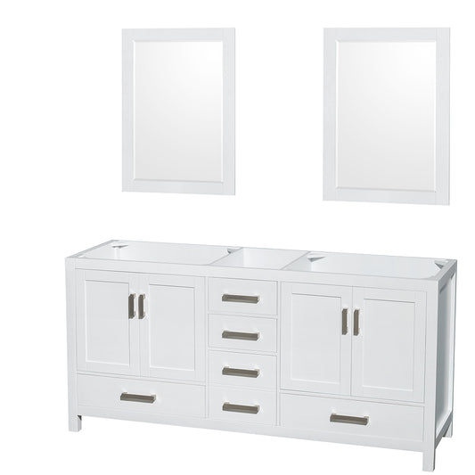 Sheffield 72" Double Vanity in White, No Top, No Sinks, 24" Mirrors
