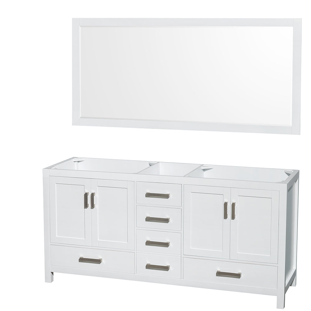 Sheffield 72" Double Vanity in White, No Top, No Sinks, 70" Mirror