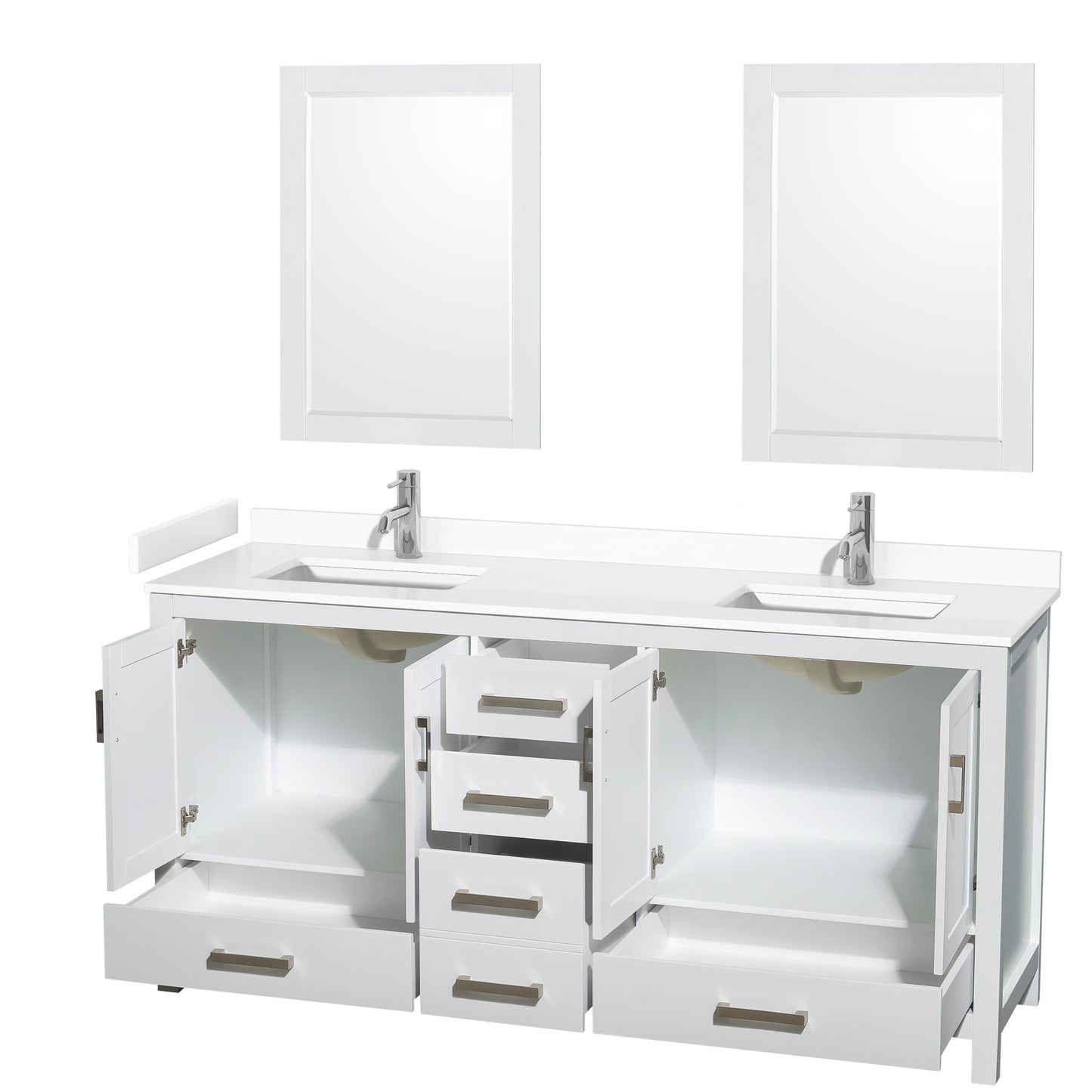 Sheffield 72" Double Vanity in White, White Marble Top, Square 24" Mirrors
