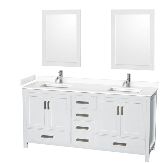 Sheffield 72" Double Vanity in White, White Marble Top, Square 24" Mirrors