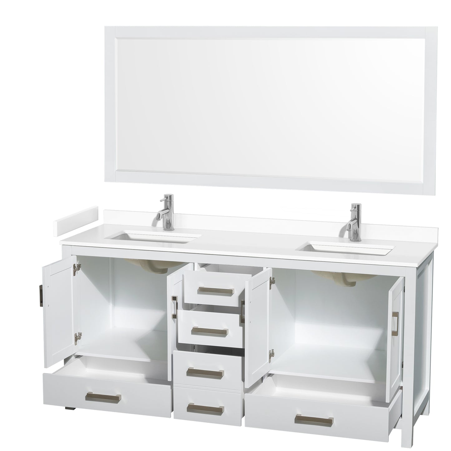 Sheffield 72" Double Vanity in White, White Marble Top, Square 70" Mirror