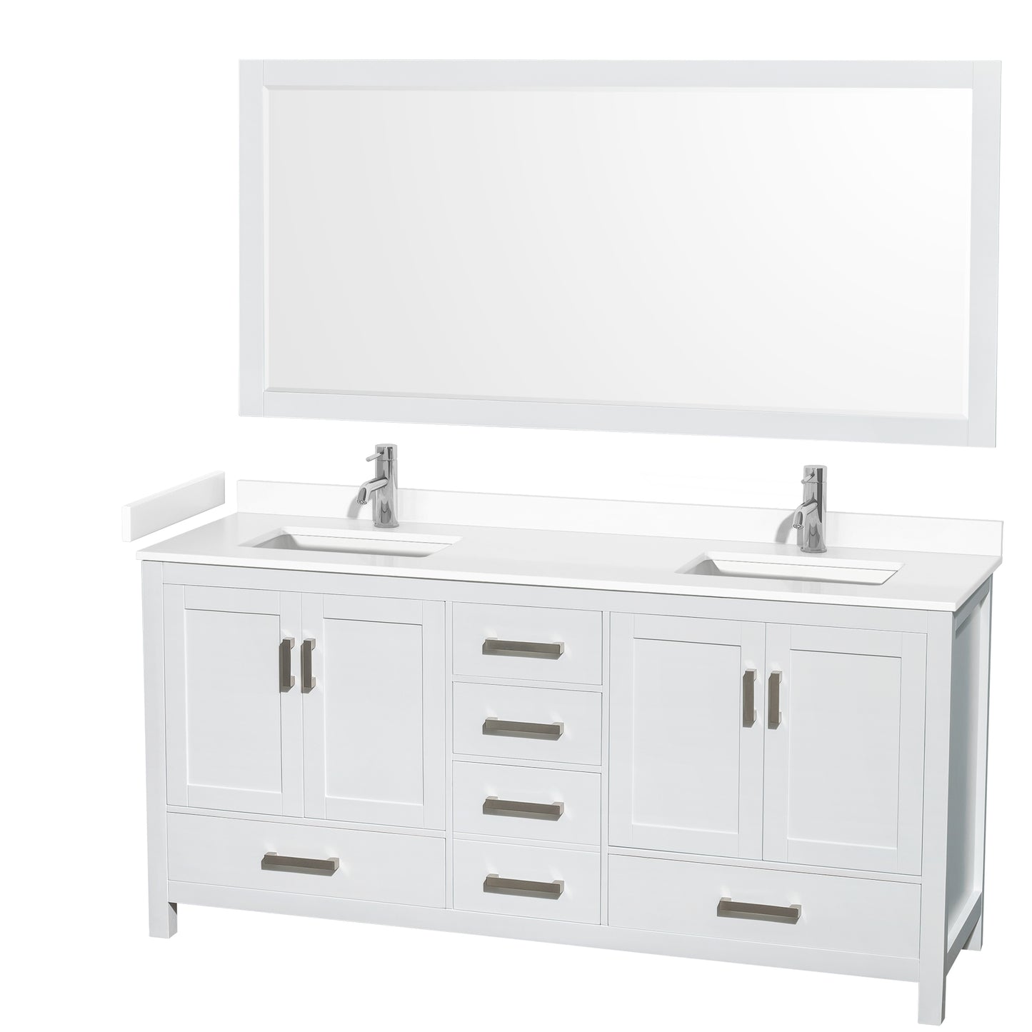 Sheffield 72" Double Vanity in White, White Marble Top, Square 70" Mirror
