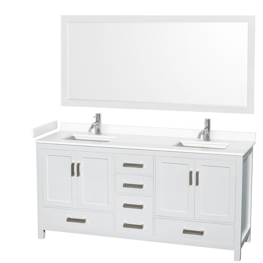 Sheffield 72" Double Vanity in White, White Marble Top, Square 70" Mirror