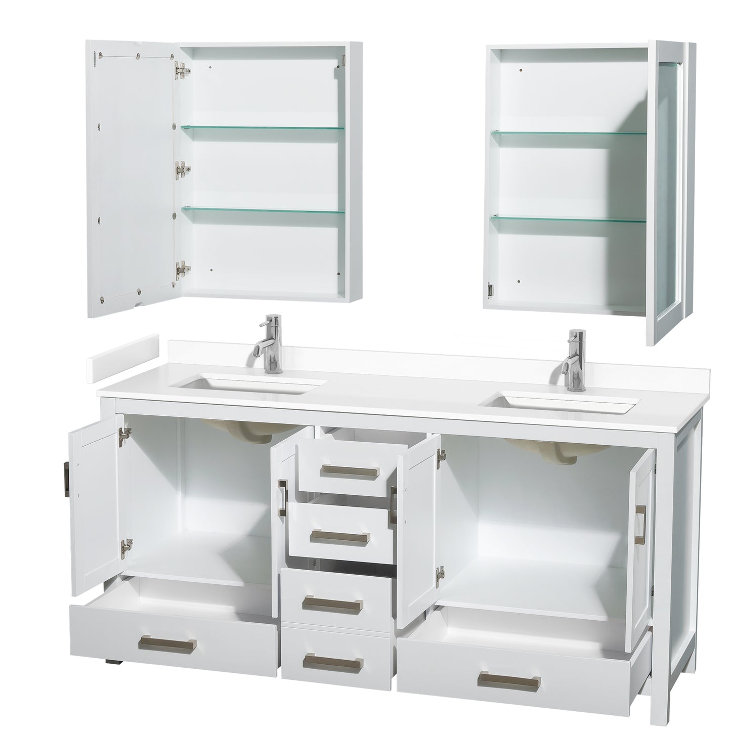 Sheffield 72" Double Vanity in White, White Marble Top, Square Medicine Cabinets