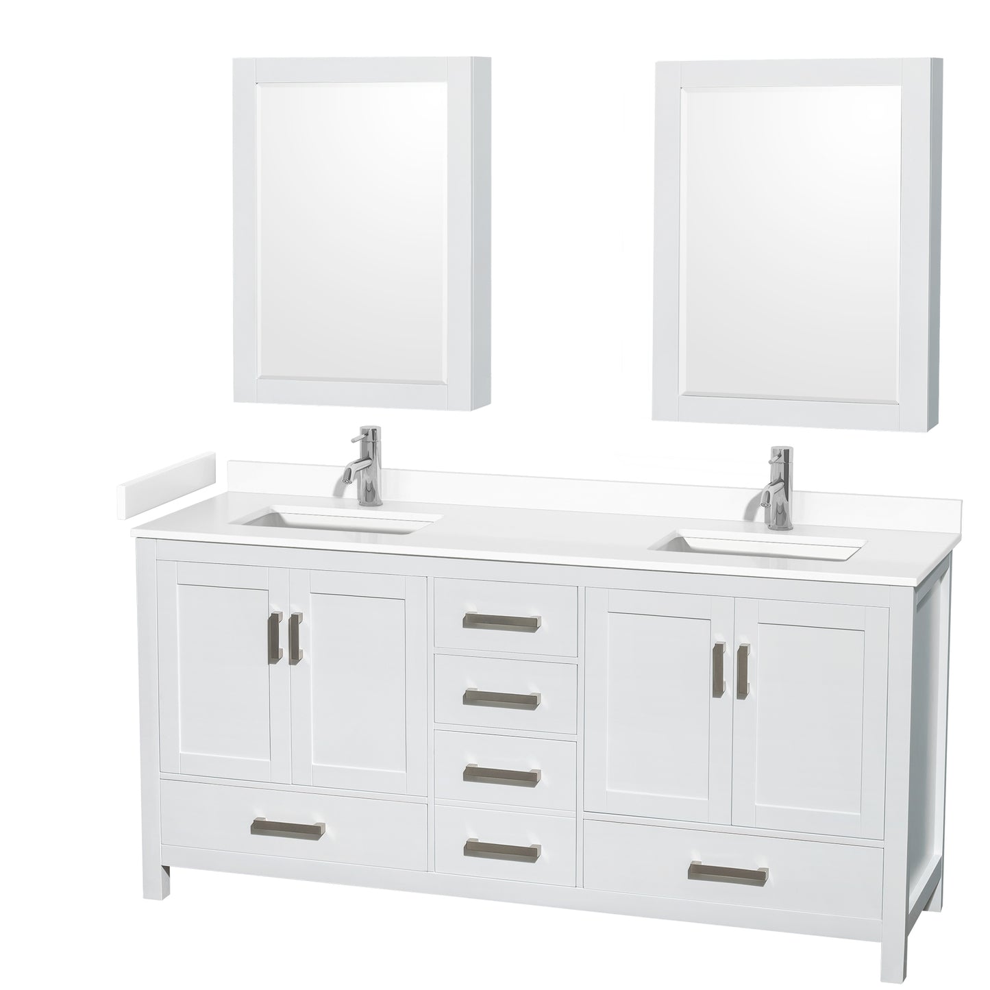Sheffield 72" Double Vanity in White, White Marble Top, Square Medicine Cabinets