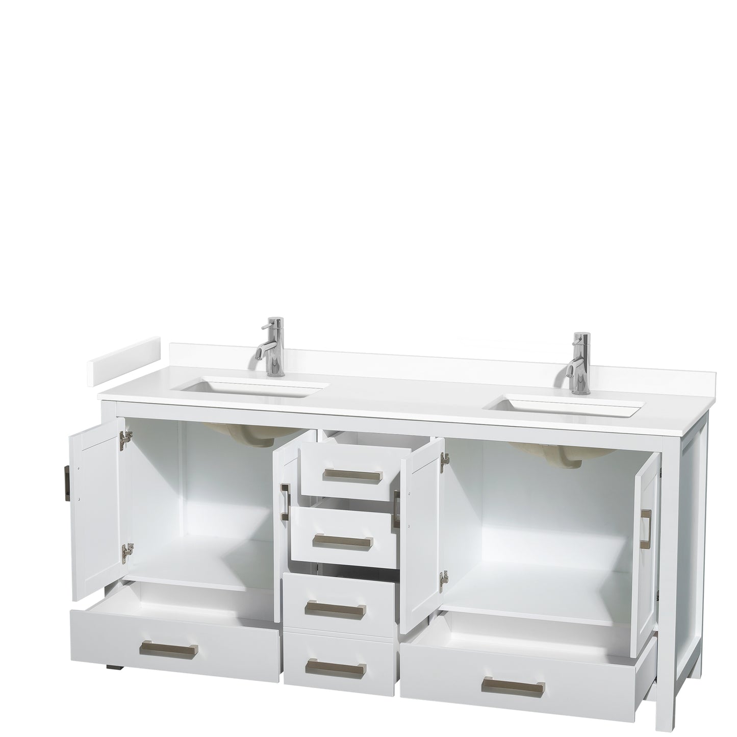 Sheffield 72" Double Vanity in White, White Marble Top, Square No Mirror