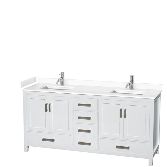 Sheffield 72" Double Vanity in White, White Marble Top, Square No Mirror