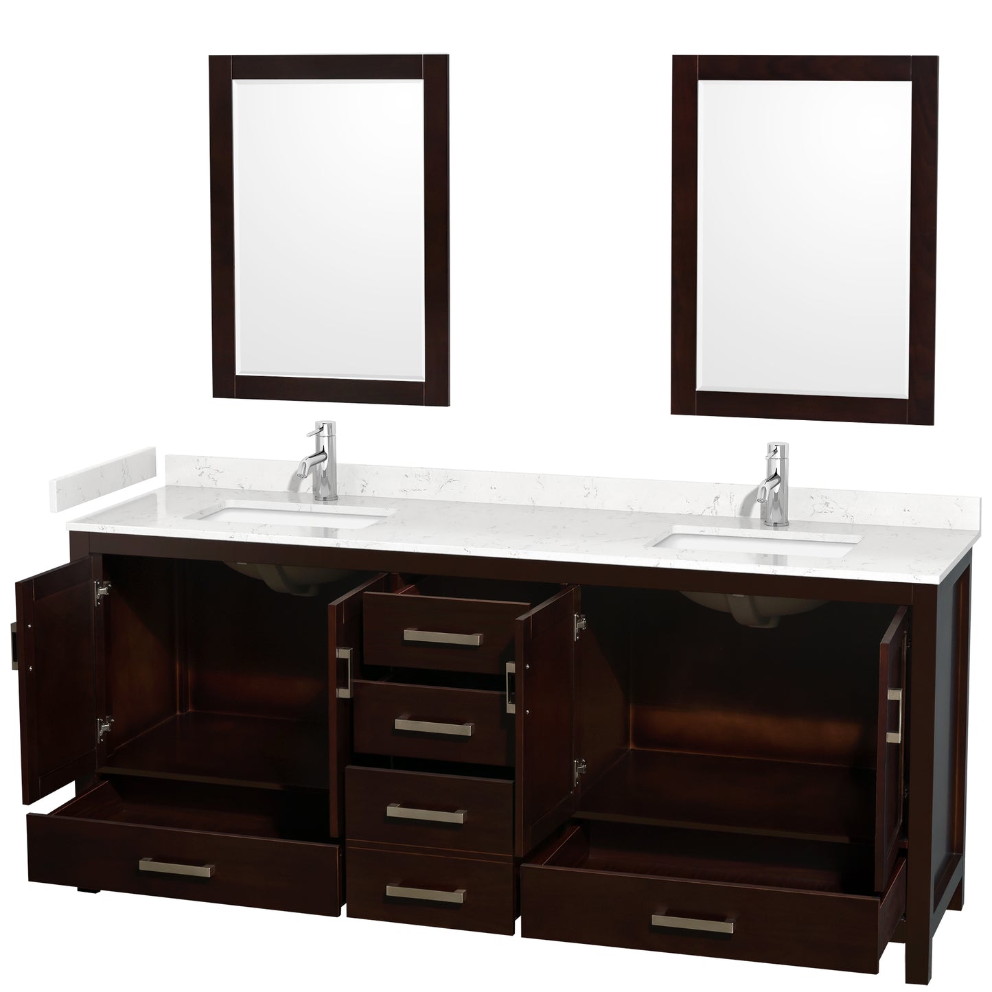 Sheffield 80" Double Vanity in Espresso, Carrara Marble Top, Square 24" Mirrors