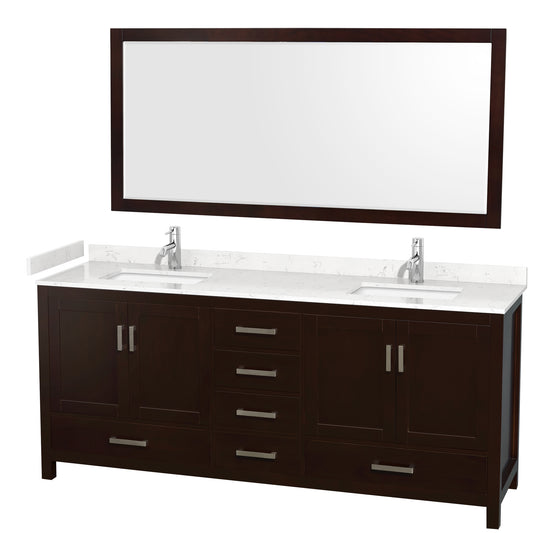 Sheffield 80" Double Vanity in Espresso, Carrara Marble Top, Square 70" Mirror