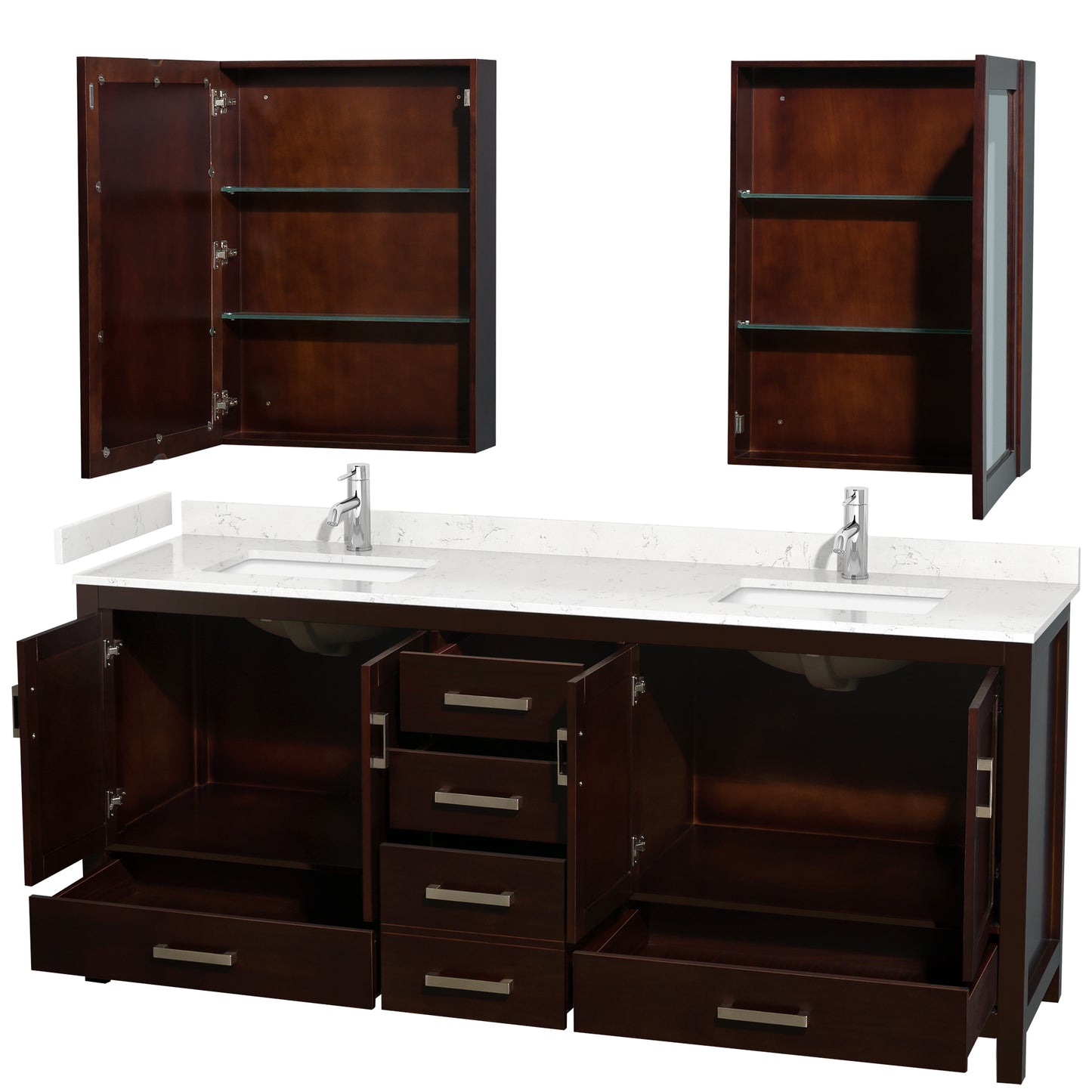 Sheffield 80" Double Vanity in Espresso, Carrara Marble Top, Medicine Cabinets