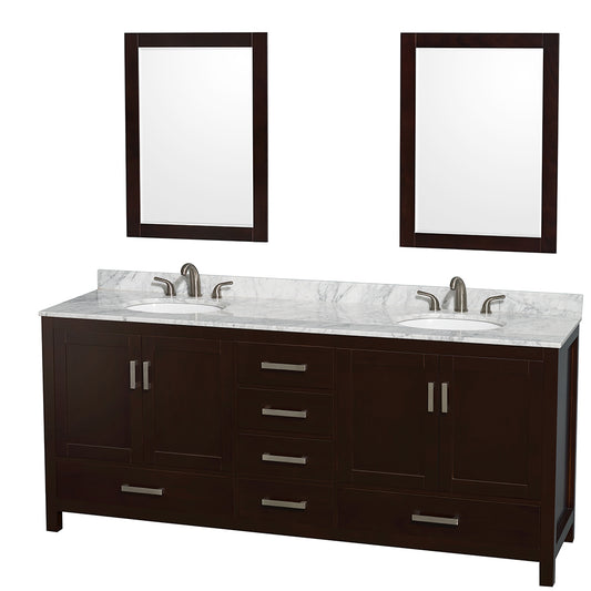 Sheffield 80 inch Double Bathroom Vanity in Espresso, White Carrara Marble Countertop, Undermount Oval Sinks, and 24 inch Mirrors