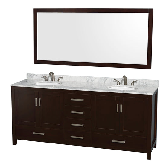 Sheffield 80 inch Double Bathroom Vanity in Espresso, White Carrara Marble Countertop, Undermount Oval Sinks, and 70 inch Mirror