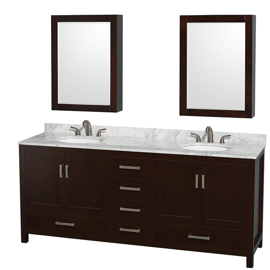 Sheffield 80 inch Double Bathroom Vanity in Espresso, White Carrara Marble Countertop, Undermount Oval Sinks, and Medicine Cabinets