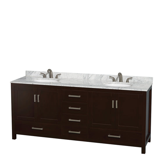 Sheffield 80 inch Double Bathroom Vanity in Espresso, White Carrara Marble Countertop, Undermount Oval Sinks, and No Mirror