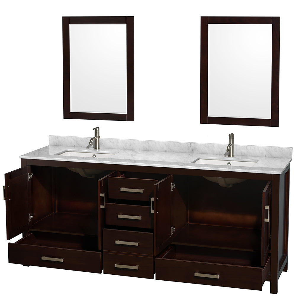 Sheffield 80" Double Vanity in Espresso, Top, Square Sinks, 24" Mirrors