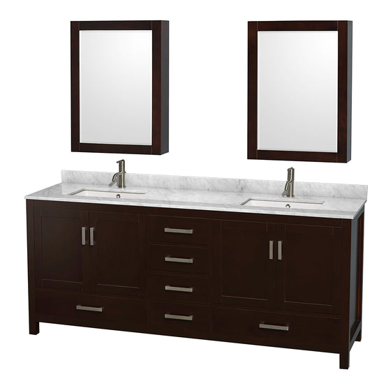 Sheffield 80 inch Double Bathroom Vanity in Espresso, White Carrara Marble Countertop, Undermount Square Sinks, and Medicine Cabinets