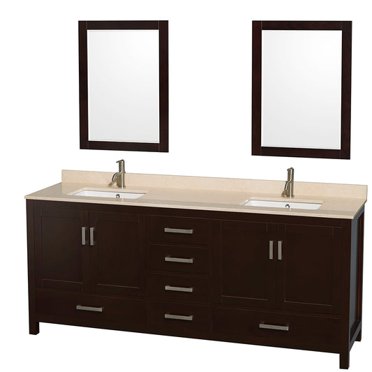 Sheffield 80 inch Double Bathroom Vanity in Espresso, Ivory Marble Countertop, Undermount Square Sinks, and 24 inch Mirrors