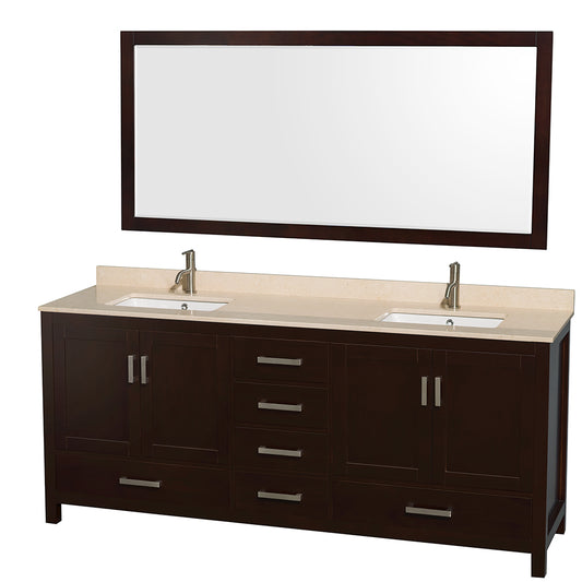 Sheffield 80 inch Double Bathroom Vanity in Espresso, Ivory Marble Countertop, Undermount Square Sinks, and 70 inch Mirror