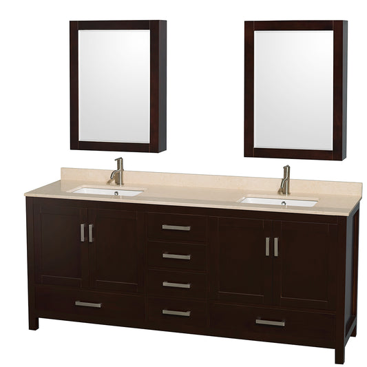 Sheffield 80 inch Double Bathroom Vanity in Espresso, Ivory Marble Countertop, Undermount Square Sinks, and Medicine Cabinets