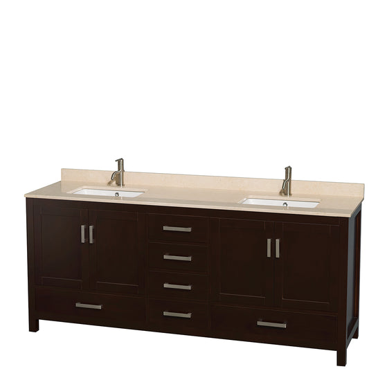 Sheffield 80 inch Double Bathroom Vanity in Espresso, Ivory Marble Countertop, Undermount Square Sinks, and No Mirror