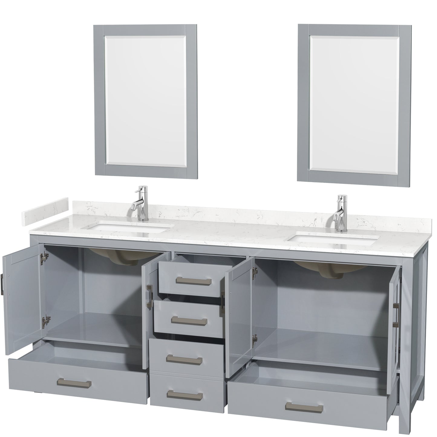 Sheffield 80" Double Vanity in Gray, Carrara Marble Top, Square 24" Mirrors