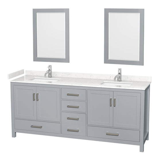 Sheffield 80" Double Vanity in Gray, Carrara Marble Top, Square 24" Mirrors