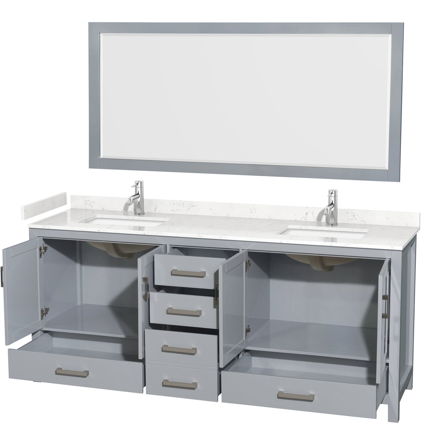 Sheffield 80" Double Vanity in Gray, Carrara Marble Top, Square 70" Mirror