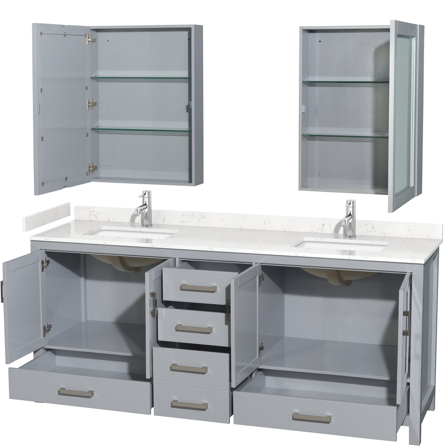 Sheffield 80" Double Vanity in Gray, Carrara Marble Top, Medicine Cabinets