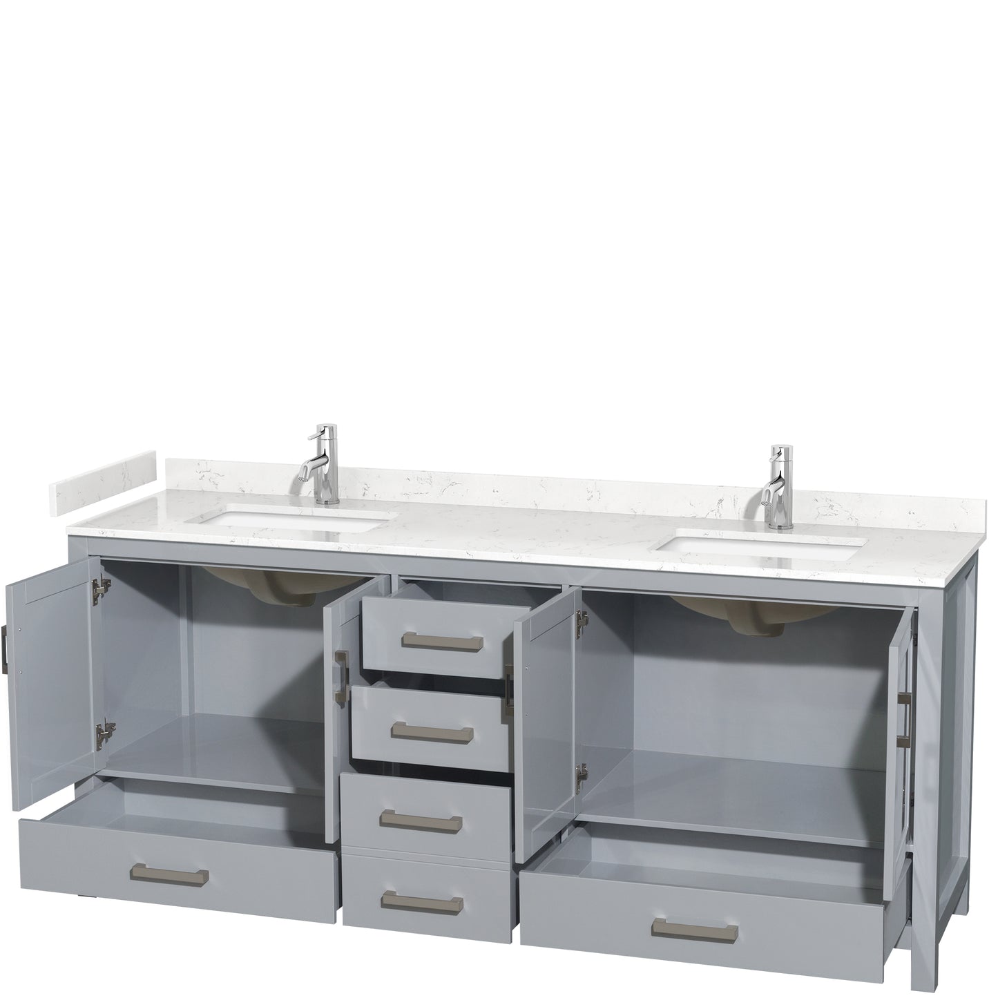 Sheffield 80" Double Vanity in Gray, Carrara Marble Top, Square No Mirror