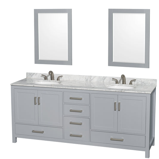 Sheffield 80 inch Double Bathroom Vanity in Gray, White Carrara Marble Countertop, Undermount Oval Sinks, and 24 inch Mirrors