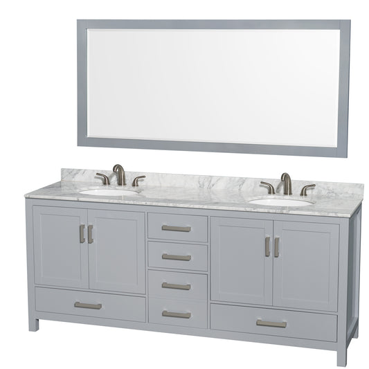 Sheffield 80 inch Double Bathroom Vanity in Gray, White Carrara Marble Countertop, Undermount Oval Sinks, and 70 inch Mirror