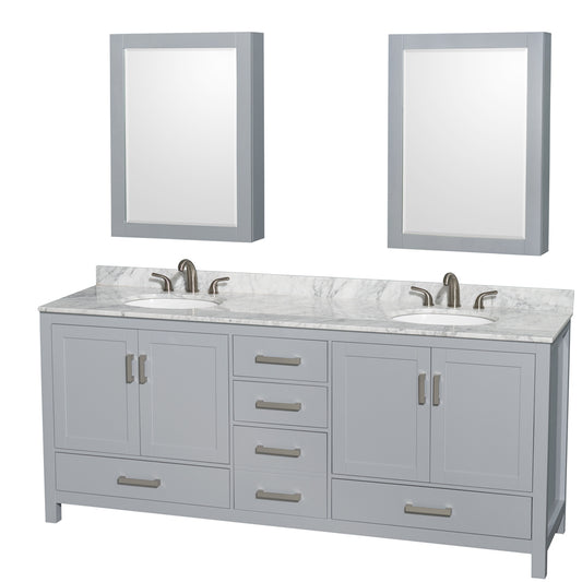 Sheffield 80 inch Double Bathroom Vanity in Gray, White Carrara Marble Countertop, Undermount Oval Sinks, and Medicine Cabinets