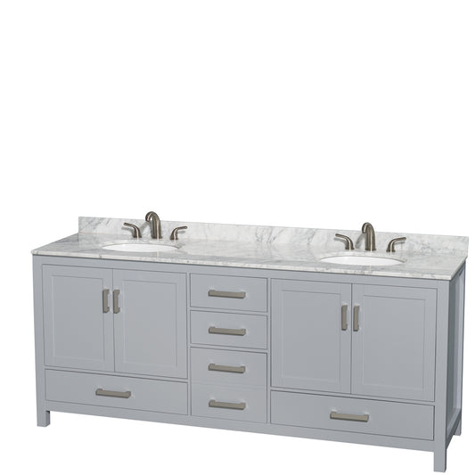 Sheffield 80 inch Double Bathroom Vanity in Gray, White Carrara Marble Countertop, Undermount Oval Sinks, and No Mirror