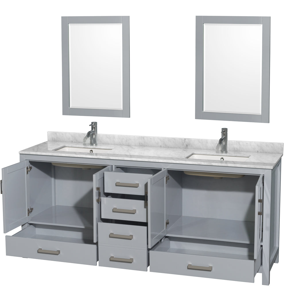 Sheffield 80" Double Vanity in Gray, Top, Square Sinks, 24" Mirrors