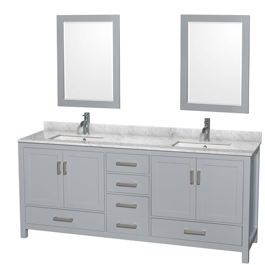 Sheffield 80 inch Double Bathroom Vanity in Gray, White Carrara Marble Countertop, Undermount Square Sinks, and 24 inch Mirrors