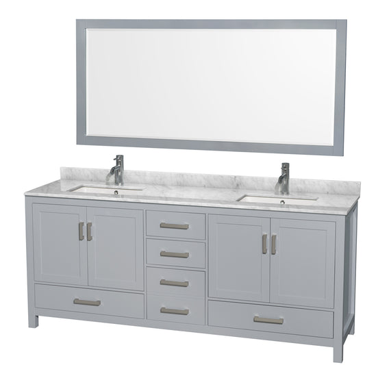 Sheffield 80 inch Double Bathroom Vanity in Gray, White Carrara Marble Countertop, Undermount Square Sinks, and 70 inch Mirror