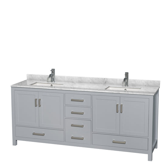 Sheffield 80 inch Double Bathroom Vanity in Gray, White Carrara Marble Countertop, Undermount Square Sinks, and No Mirror