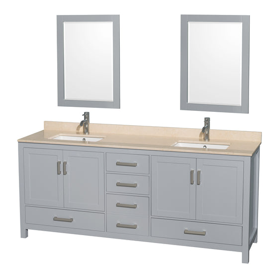 Sheffield 80 inch Double Bathroom Vanity in Gray, Ivory Marble Countertop, Undermount Square Sinks, and 24 inch Mirrors