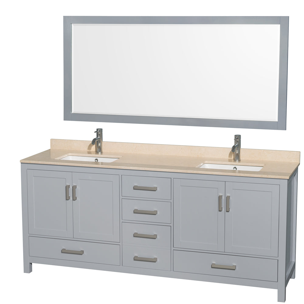 Sheffield 80 inch Double Bathroom Vanity in Gray, Ivory Marble Countertop, Undermount Square Sinks, and 70 inch Mirror