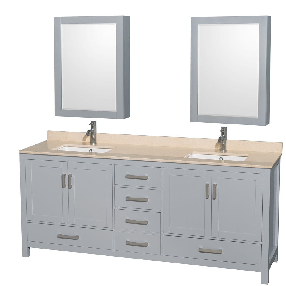 Sheffield 80 inch Double Bathroom Vanity in Gray, Ivory Marble Countertop, Undermount Square Sinks, and Medicine Cabinets