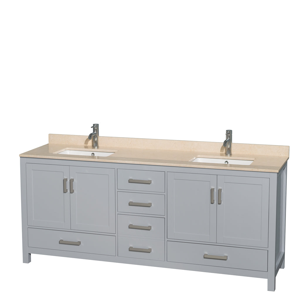 Sheffield 80 inch Double Bathroom Vanity in Gray, Ivory Marble Countertop, Undermount Square Sinks, and No Mirror