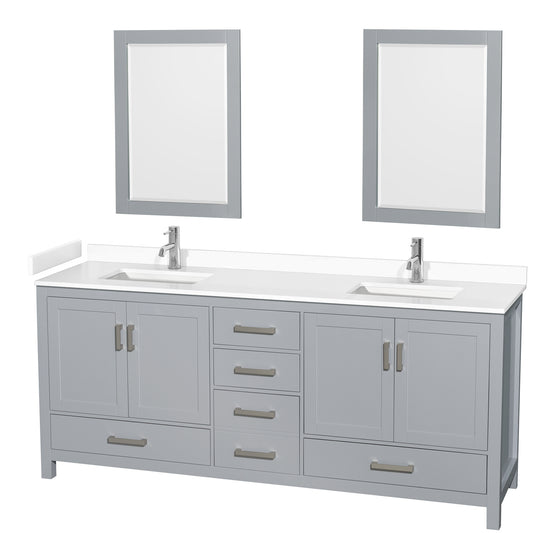 Sheffield 80" Double Vanity in Gray, White Marble Top, Square 24" Mirrors
