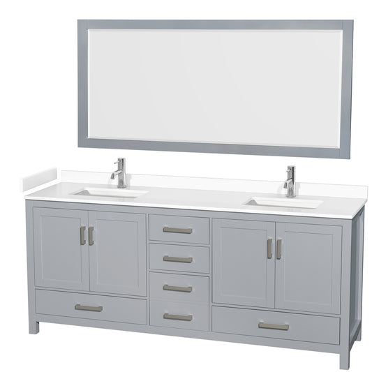 Sheffield 80" Double Vanity in Gray, White Marble Top, Square 70" Mirror