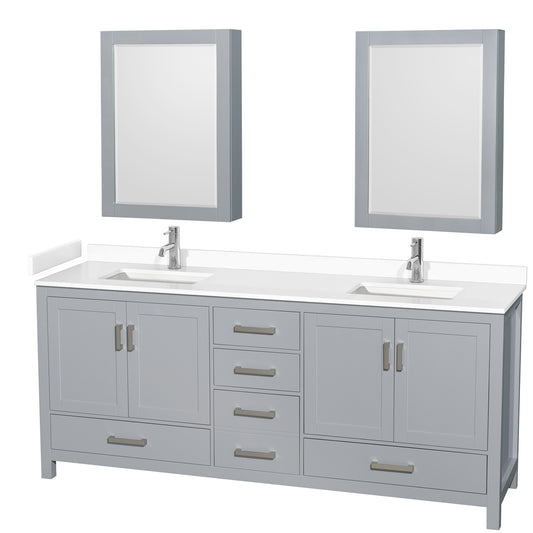 Sheffield 80" Double Vanity in Gray, White Marble Top, Square Medicine Cabinets