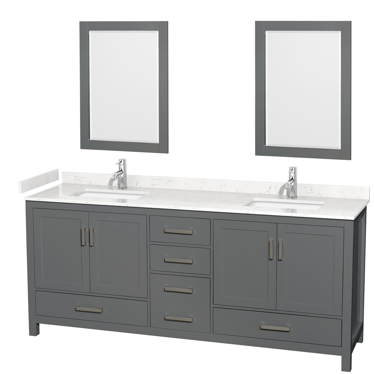 Sheffield 80" Double Vanity in Dark Gray, Carrara Marble Top, Square 24" Mirrors