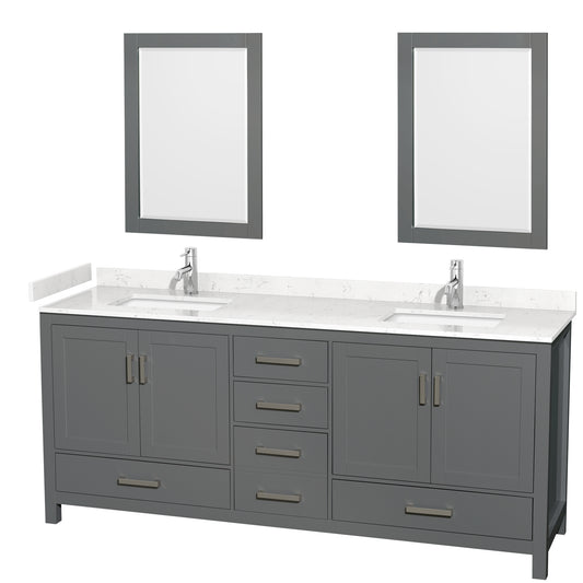 Sheffield 80" Double Vanity in Dark Gray, Carrara Marble Top, Square 24" Mirrors