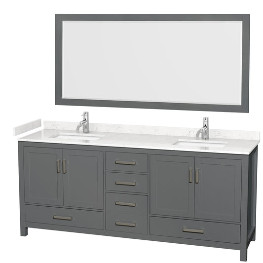 Sheffield 80" Double Vanity in Dark Gray, Carrara Marble Top, Square 70" Mirror